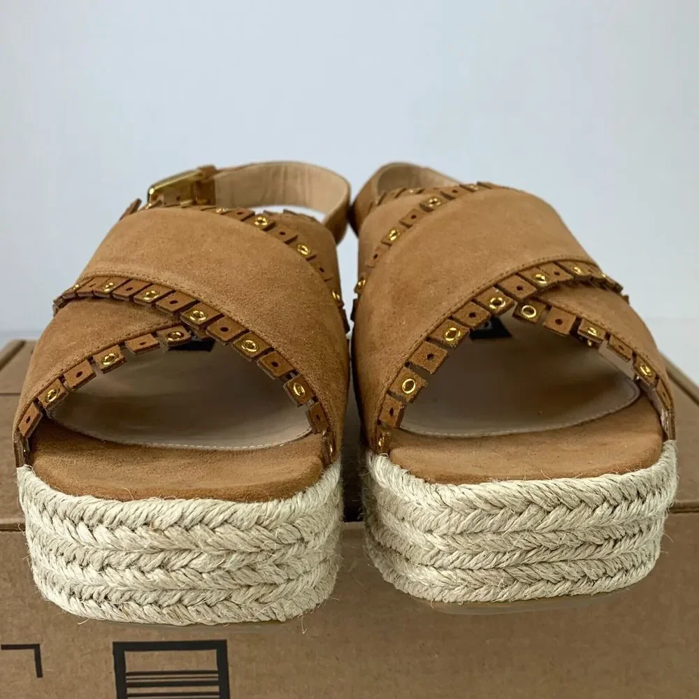 Sergio Rossi Womens Wedge Sandals Brown Fringe Suede Cross-Over Strap Sz‎ 8.5/40